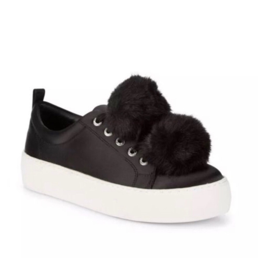 J/Slides NYC Alpha Satin Pom Poms Sneaker Black Lace Up Size 8.5 Platform